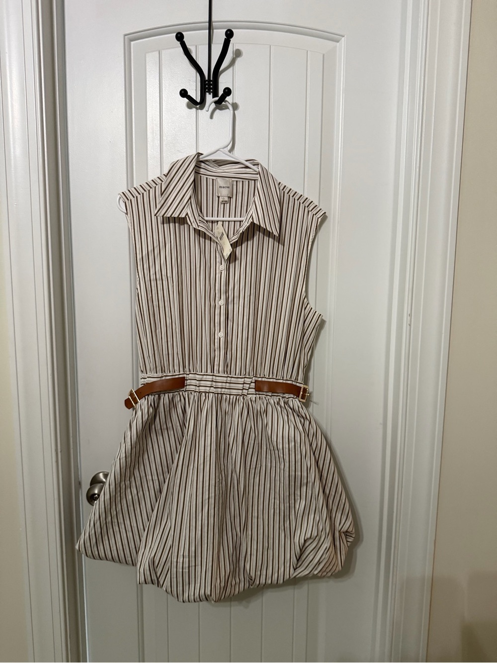 Maeve Sleeveless Striped Shirt Dress in Cream and Brown with Belt